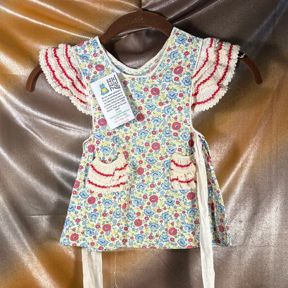 Vintage flour sack Floral Baby‎ apron Dress with Ruffled details 150